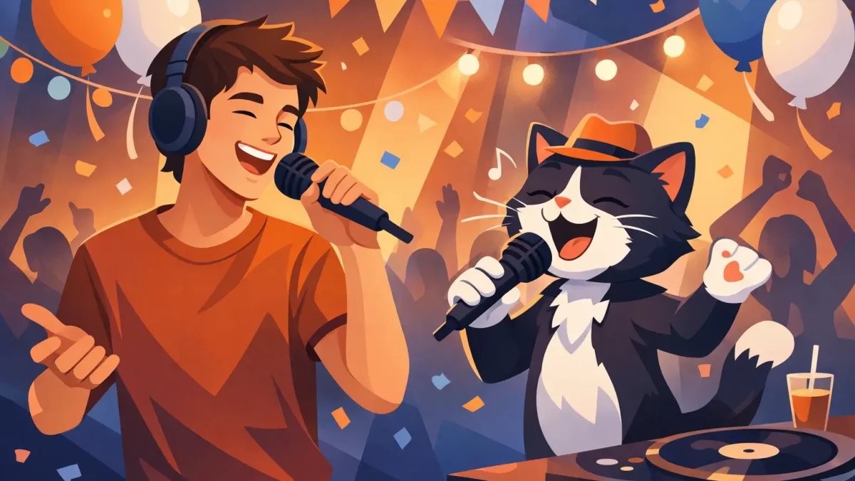 Chico en de zingende animatiekat op feest