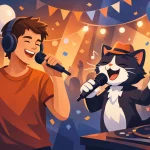 Chico en de zingende animatiekat op feest
