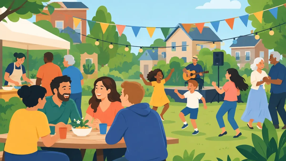 Buurtfeest animatie die iedereen samenbrengt